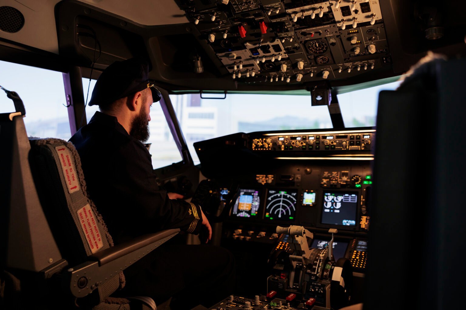 Piloto na cabine preparando a aeronave para a decolagem